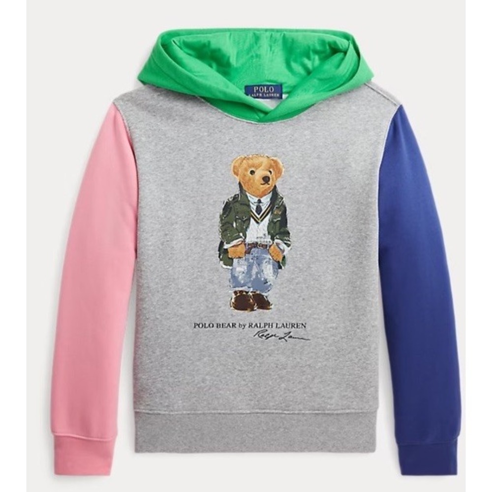 Polo Ralph Lauren Boys Sz 4 Colorblock Polo Bear Graphic Fleece Pullover Hoodie